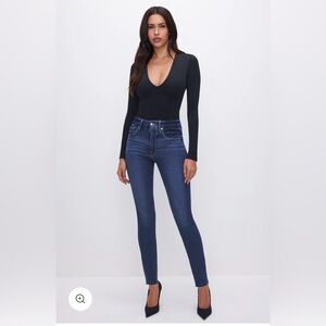 Good American High Rise Skinny Jeans | Dark Wash Raw Hem | Size 8 / 29